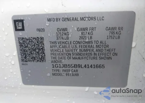 2020 Chevrolet Sonic Fwd Ls z USA, uszkodzony, nr VIN 1G1JB5SB9L4141665